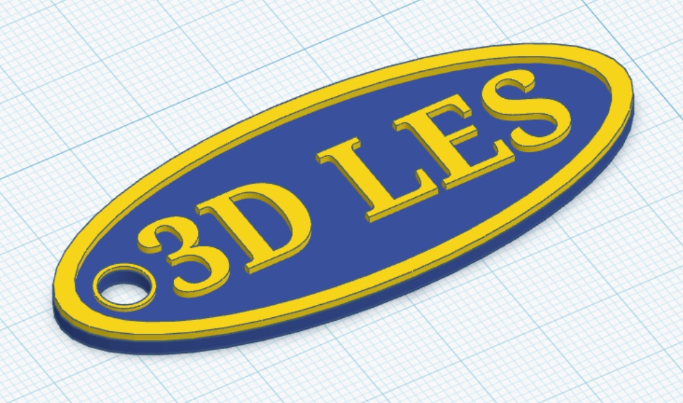 Digitaal 3D-ontwerp van een blauwgele sleutelhanger met de tekst 3D LES.